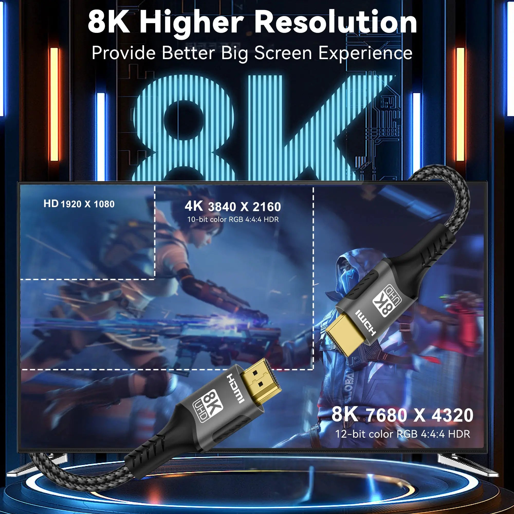 8K HDMI 2.1 Cable 48Gbps Ultra High Speed HDR ARC For RTX PC Laptop Projector TV 8K60Hz 4K120Hz