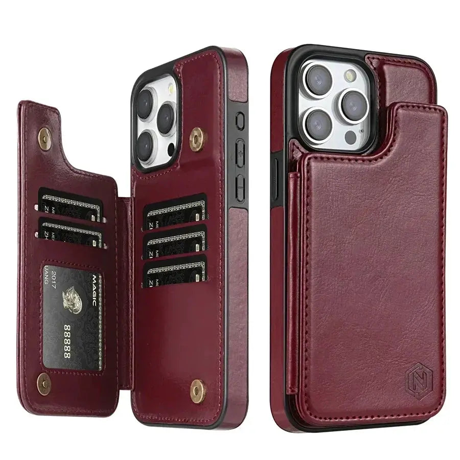 Wallet case in burgundy leather with RFID blocking, magnetic latch, and card slots by Simples Market for iPhone models
