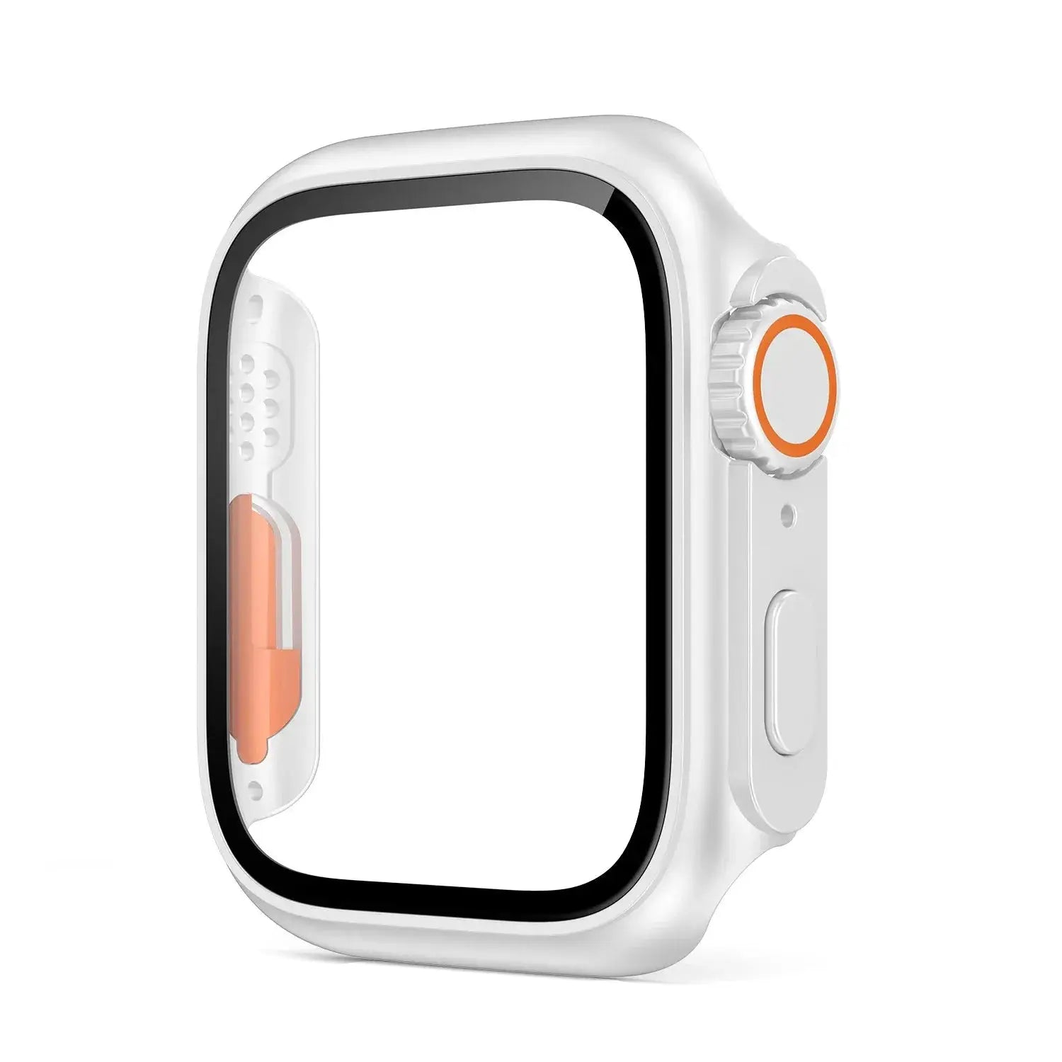 Simples Market Apple Watch glass case with bumper, white frame and orange crown ring screen protector