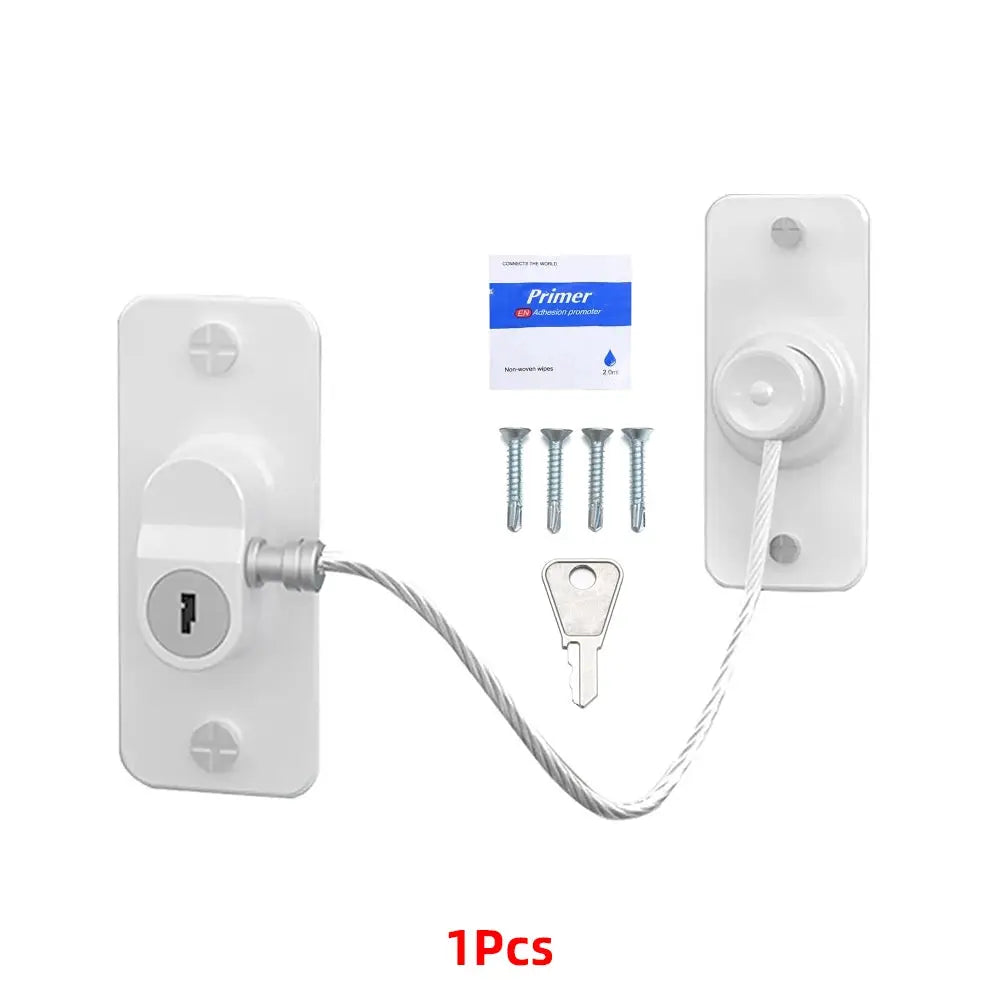 Simples Market white baby safety window lock kit with steel cable, key and mounting screws