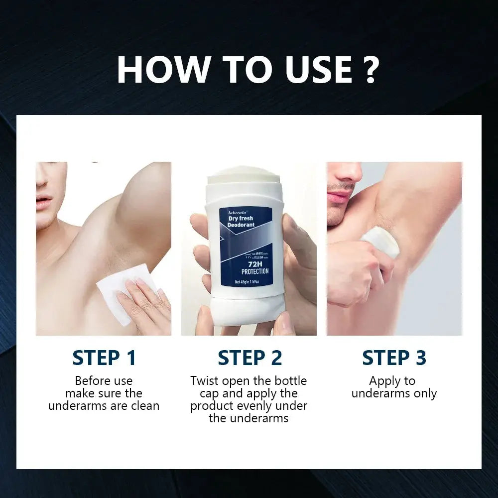 Simples Market men's deodorant cream with a white bottle and blue label, three-step underarm usage guide.