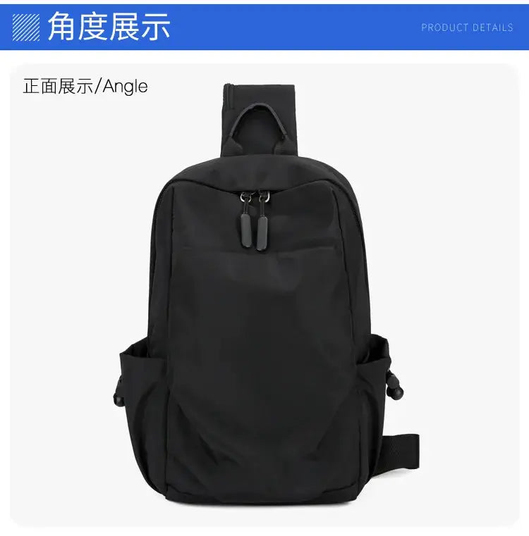 Men's large black canvas Oxford cloth chest bag crossbody with front zip pocket and side pockets