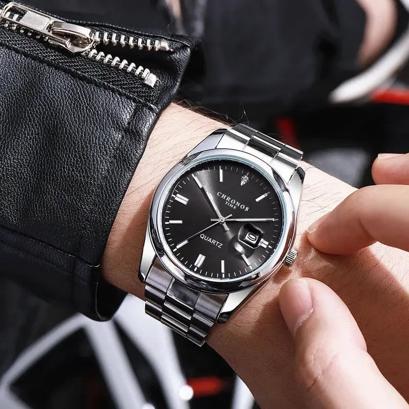 Chronos Luxury Mens Stainless Steel Wristwatch Waterproof Luminous Hands Date Quartz Movement