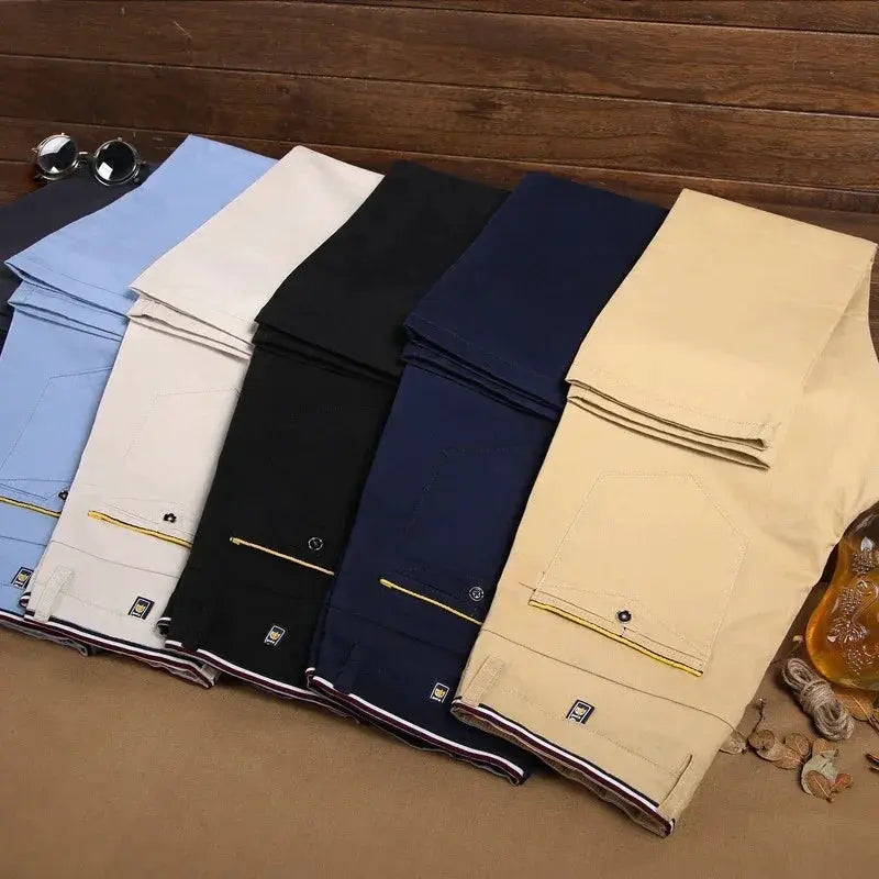 Men's cotton trousers by Simples Market in six assorted colors; lightweight, classic-style casual/business pants