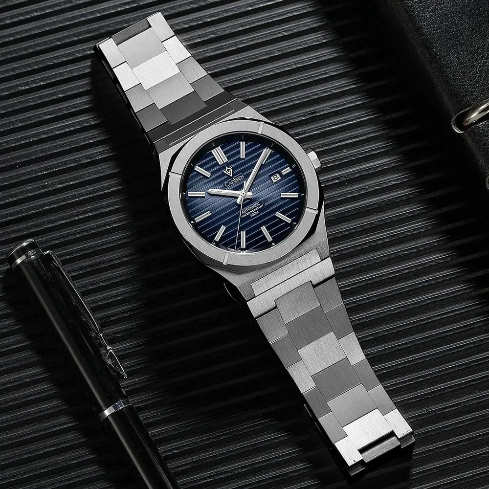 CADISEN Diver watch with blue dial, stainless steel bracelet, automatic movement, and date window