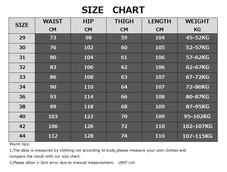 Tactical Cargo Pants size chart by Simples Market showing waist, hip, thigh, length and weight ranges