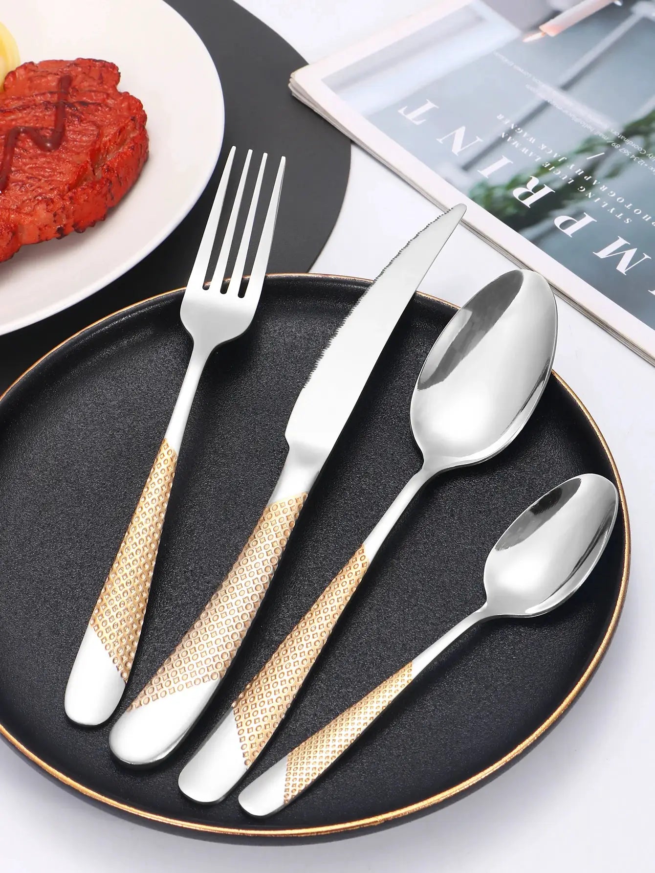 Star Diamond 24 Piece Stainless Steel Tableware Set For Six With Gold Inlay Elegance For Family Dining