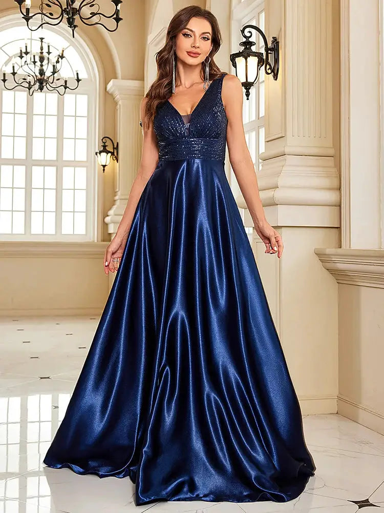 Emerald Green Sequin Evening Dress V Neck Satin Prom Floor Length