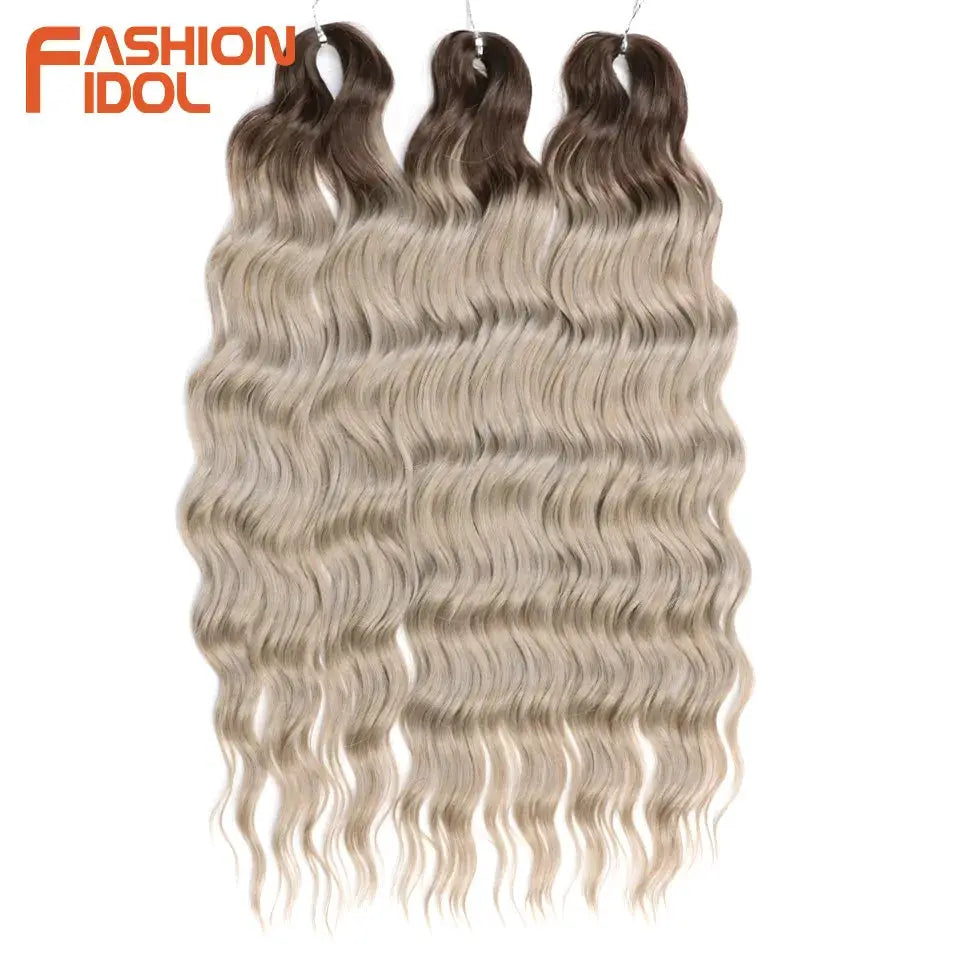 Anna 24-inch synthetic hair water-wave braiding extensions, ombre blonde, 4 bundles, Fashion Idol logo