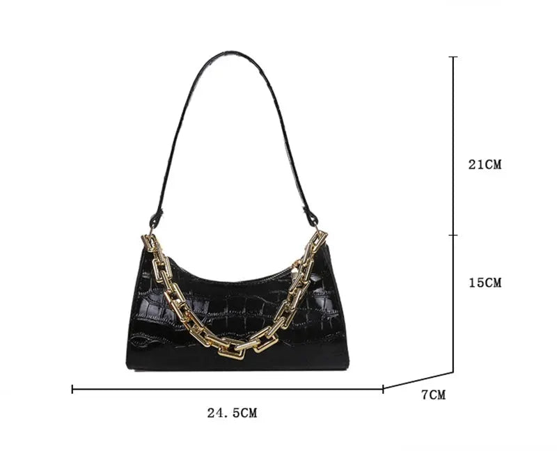 Simples Market PU leather underarm handbag in black alligator pattern with gold chain strap