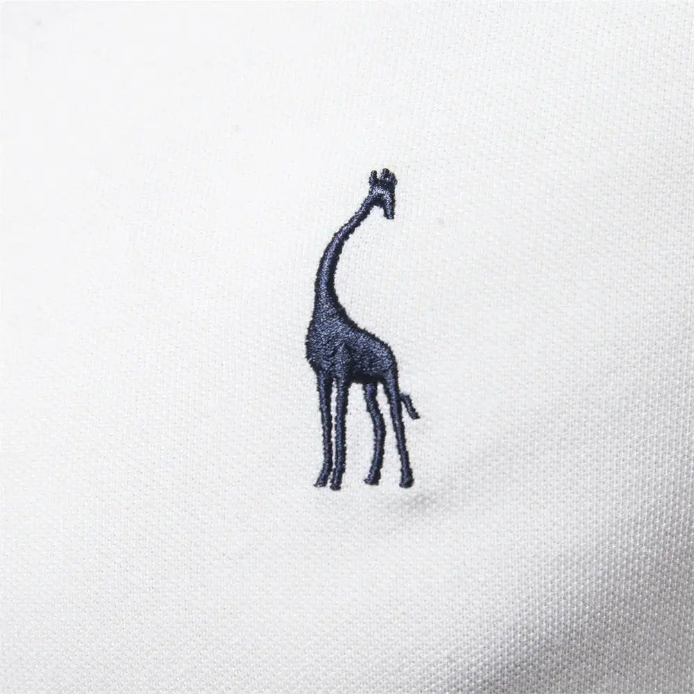 Men's polo shirt, white cotton with navy embroidered giraffe logo