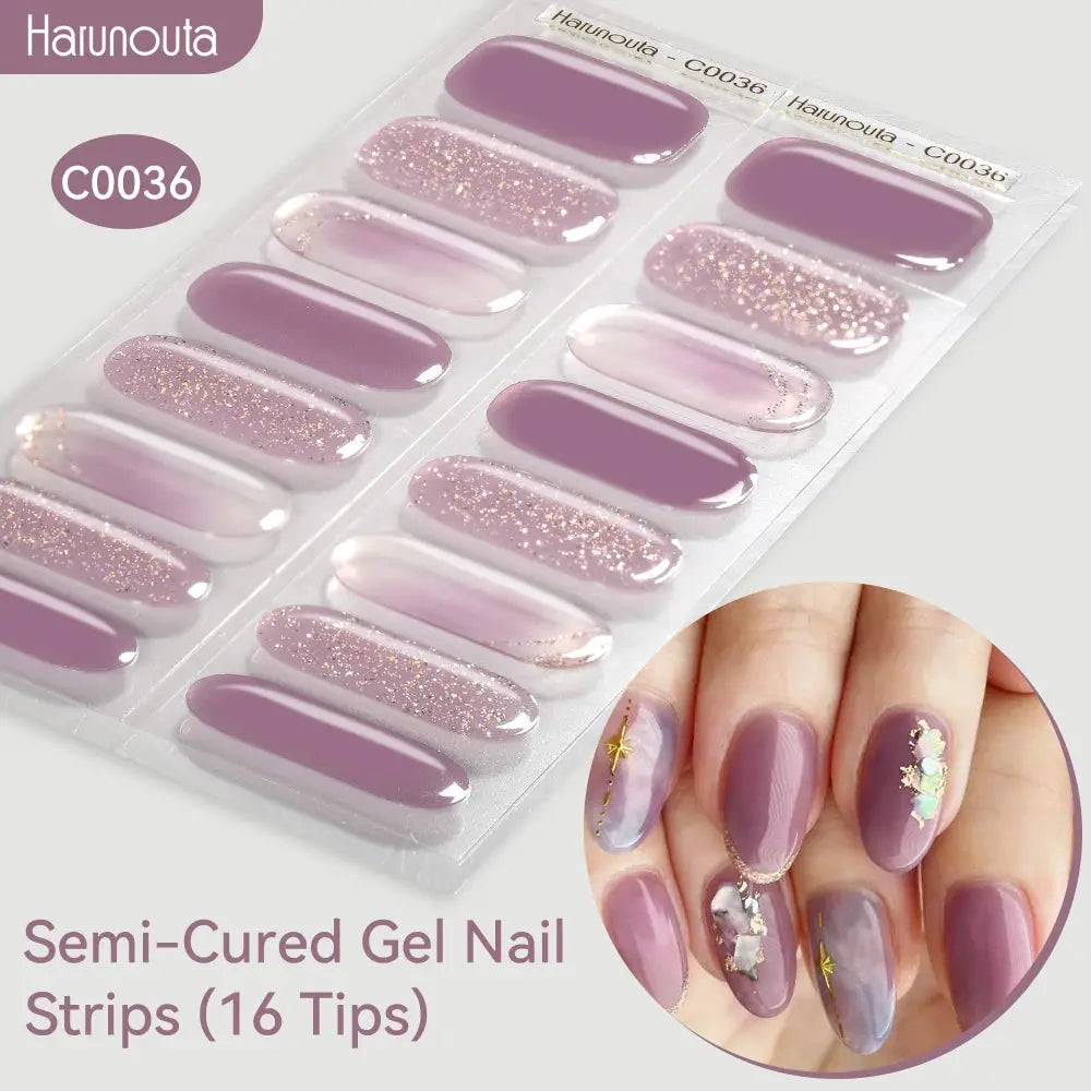 Semi-Cured Gel Nail Strips by Harunouta, gradient purple with glitter accents, 16-piece set