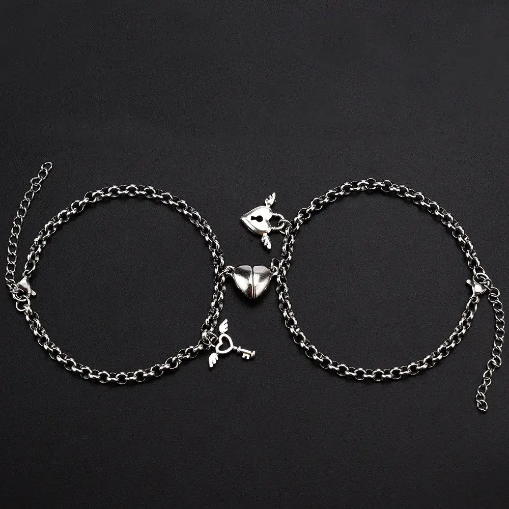 Two Piece Set Magnetic Couple Bracelets Heart Attraction Stainless Steel Cuban Chain Key Lock Jewelry Gifts