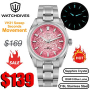 Watchdives WD0003C stainless steel men’s watch with pink ice crack dial, sapphire crystal, 38mm, blue lume