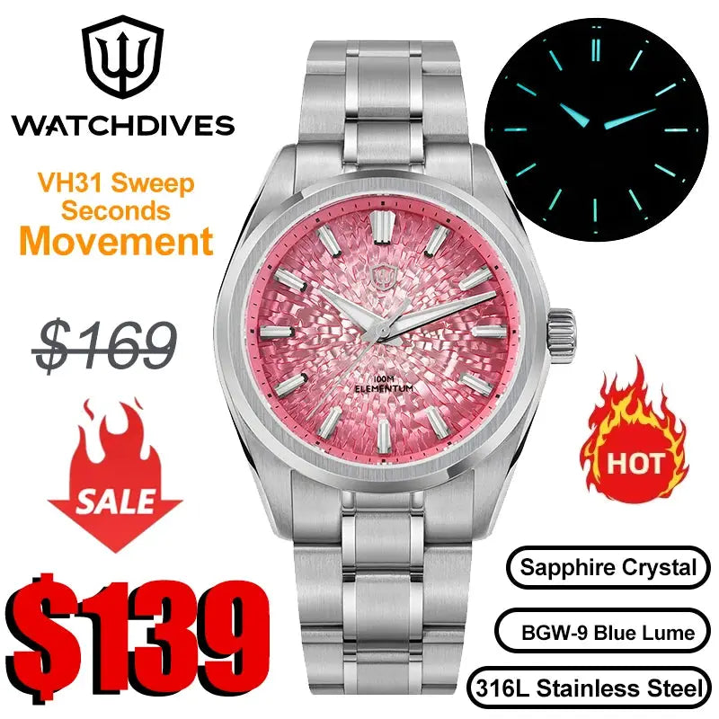 Watchdives WD0003C stainless steel men’s watch with pink ice crack dial, sapphire crystal, 38mm, blue lume