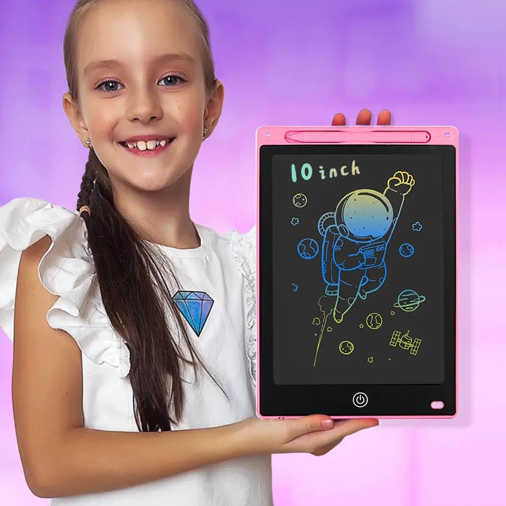 10 inch pink LCD graphic drawing tablet for kids with stylus, held by a smiling girl