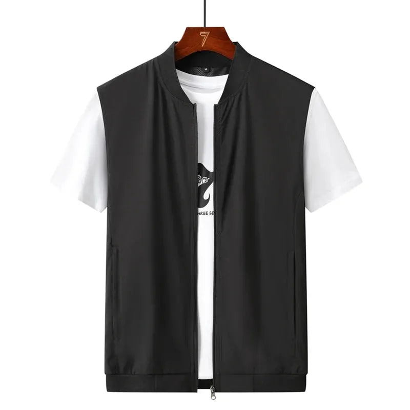 Black ultrathin men's sleeveless vest with front zipper, layered over a white T-shirt on a hanger