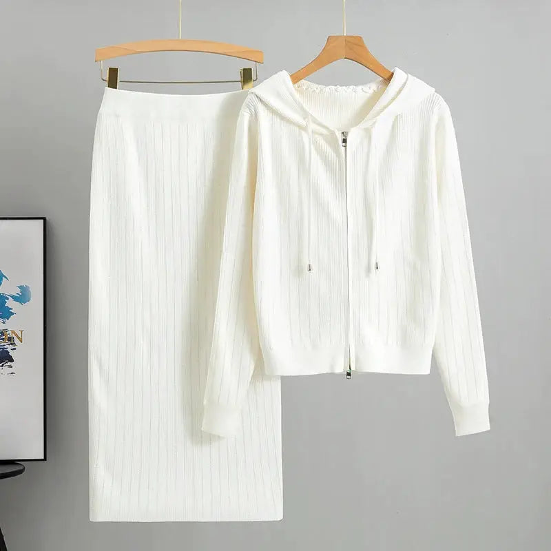 Two Piece Knit Cardigan And High Waisted Skirt Set With Diamond