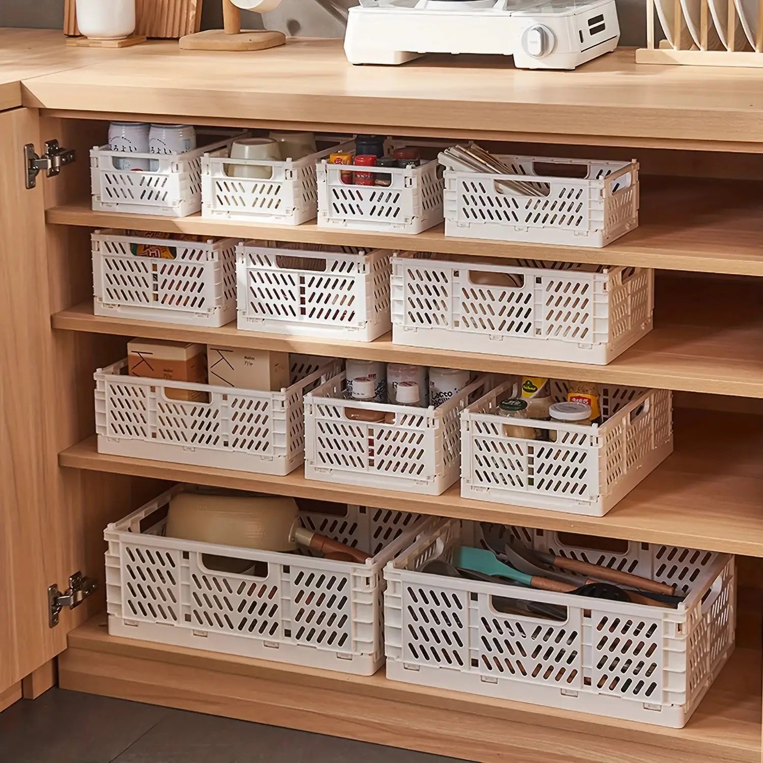 Plastic foldable storage crates by Simples Market, white, stackable organizers on kitchen shelves