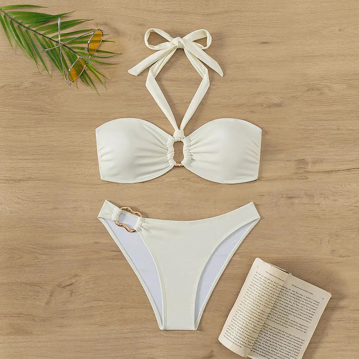 Cream bandeau push-up bikini set with halter neck tie and ring-accent thong bottom