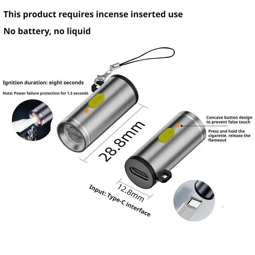 Simples Market Type-C mini windproof lighter; stainless steel cylindrical body with yellow power button and USB-C port