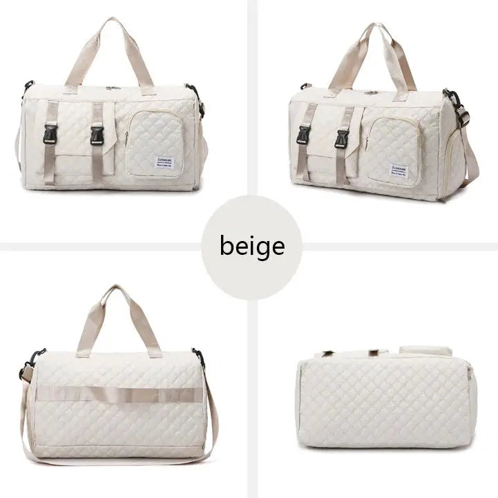 Simples Market beige quilted nylon travel duffle bag with handles, removable shoulder strap and front zip pocket