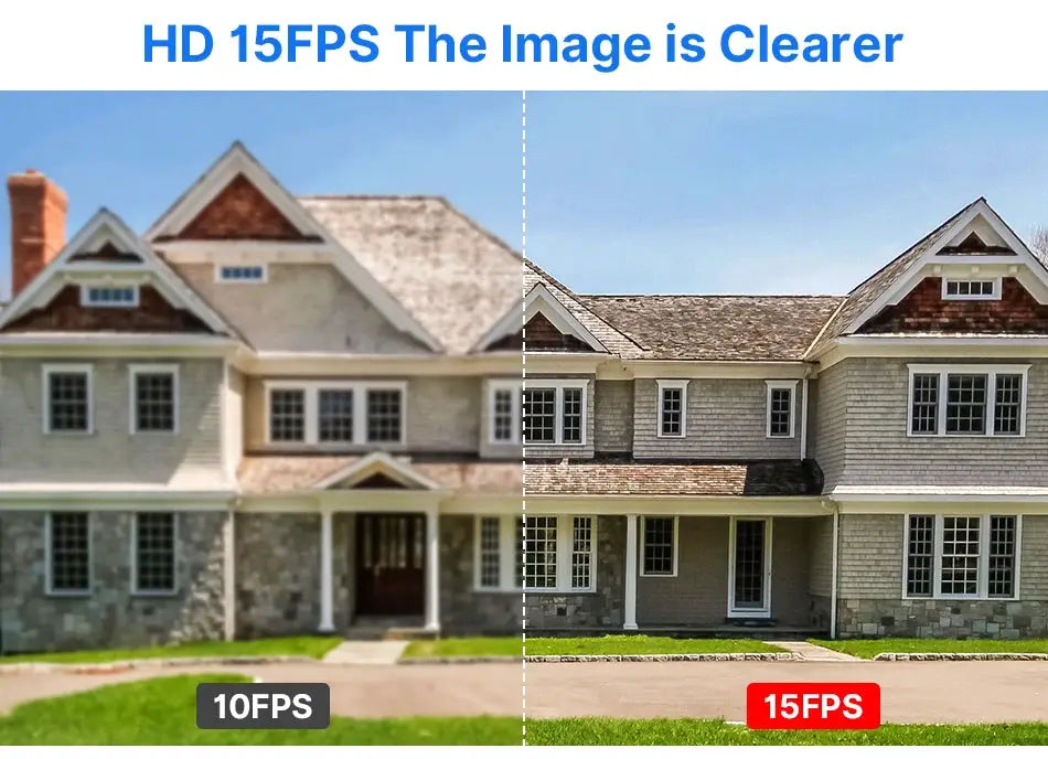 Hiseeu 4K 8MP dual-lens PTZ outdoor security camera promo image with 10FPS vs 15FPS split-screen