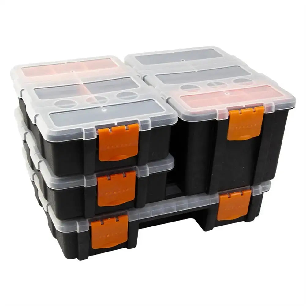 Multi-grid portable plastic parts toolbox with transparent lids and orange latches, black trays.