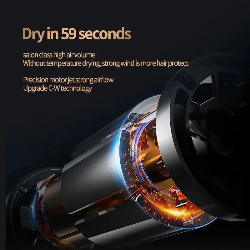 Hair dryer cross-section with high-speed motor and glowing internals in a black body