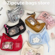 Simples Market Y2K Harajuku transparent ita bag set, 8 colorful crossbody purses with clear fronts and plush toys inside
