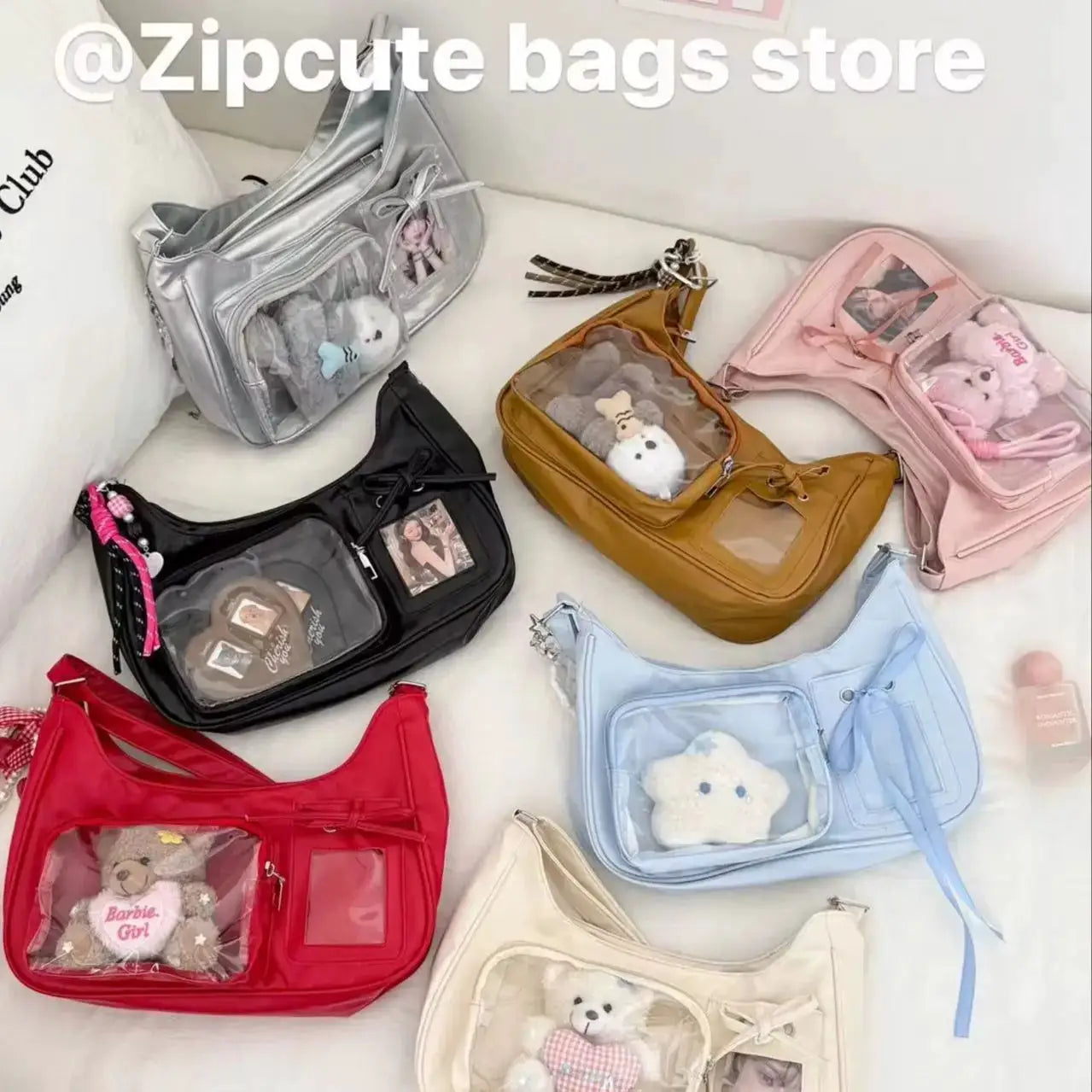 Simples Market Y2K Harajuku transparent ita bag set, 8 colorful crossbody purses with clear fronts and plush toys inside