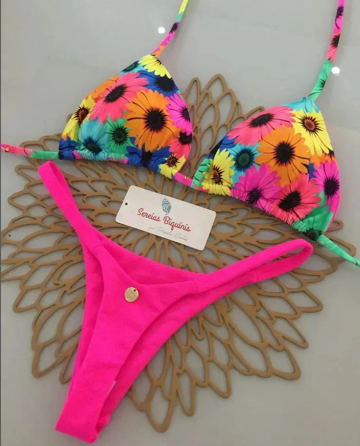 Simples Market floral print halter bikini top and bright pink thong bottom, 2-piece beachwear set