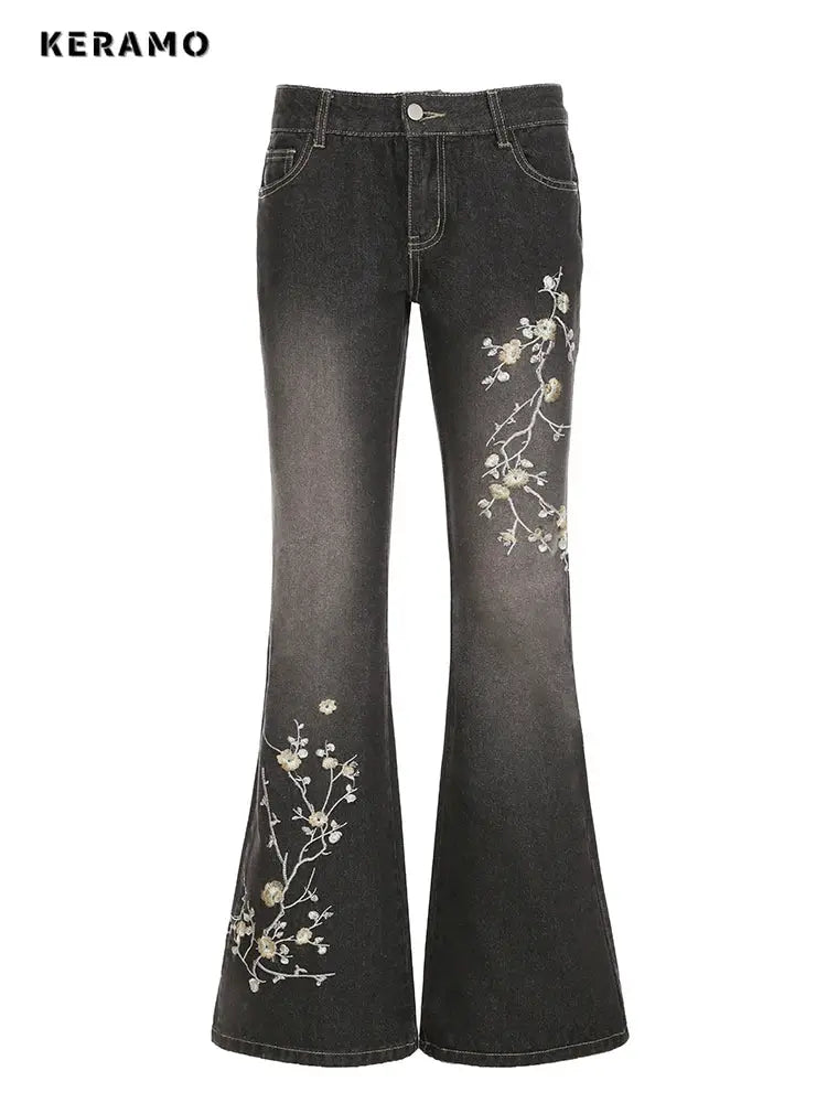 Weekeep Floral Embroidery Jeans Y2K Vintage Low Rise Flared Denim