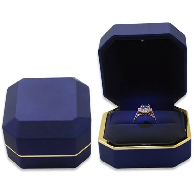 LED Jewelry Ring Box With Light Leather Exterior And Velvet Interior For Proposal Engagement Wedding Gift