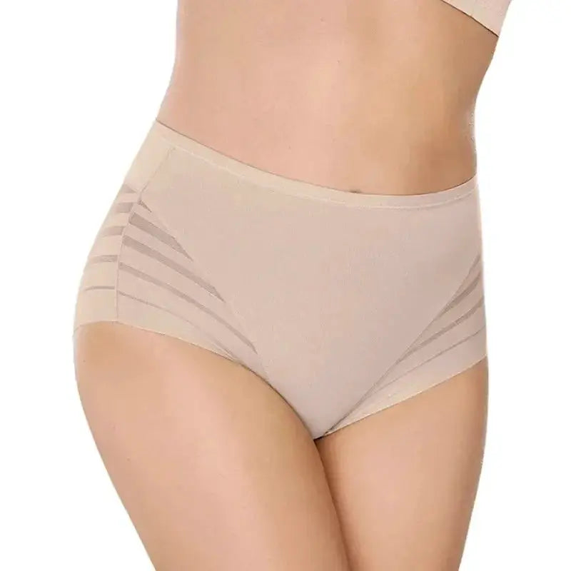 Simples Market beige high-waist seamless briefs with mesh side panels for tummy control shapewear.
