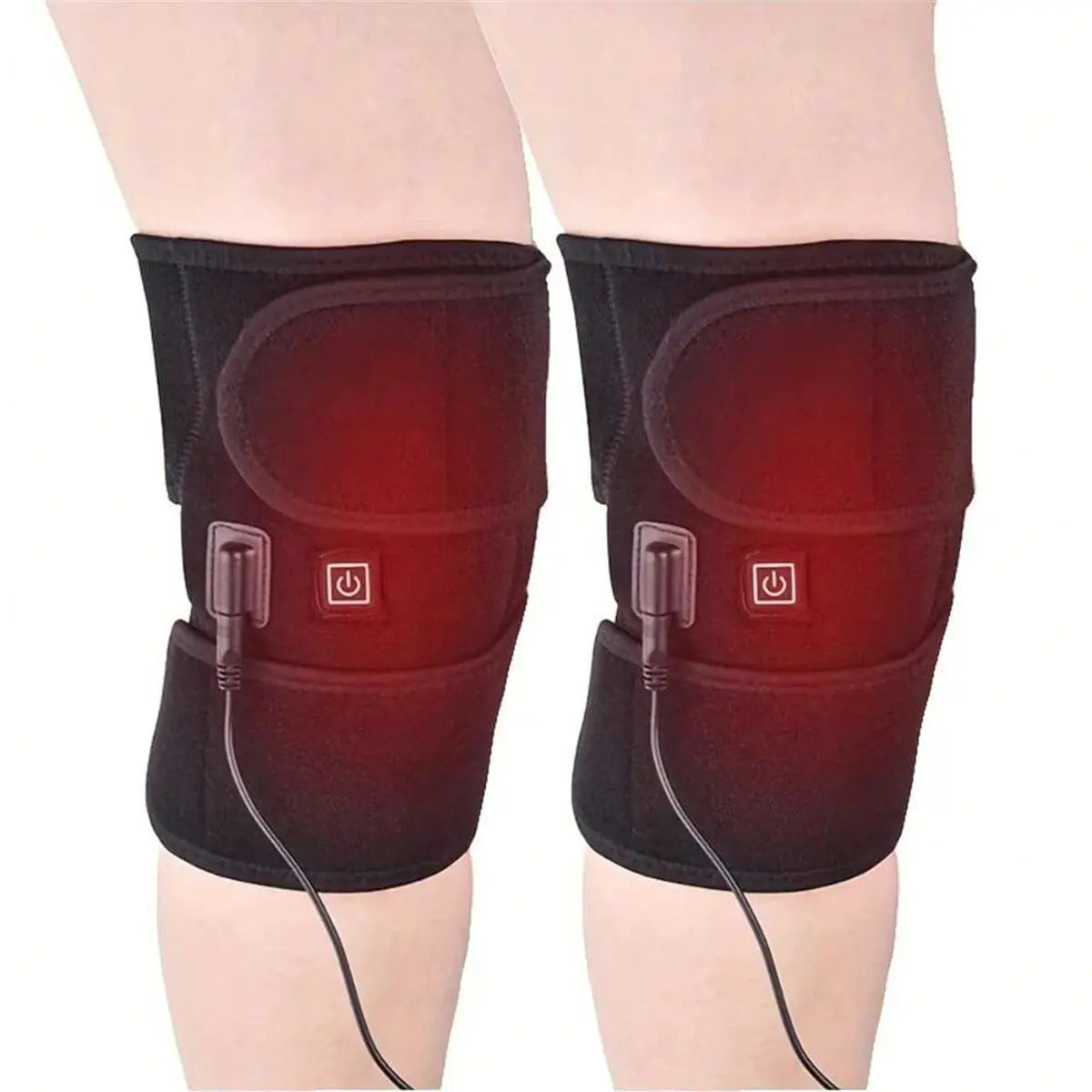 Heated and vibrating knee massage pad pair worn on both knees; Simples Market neoprene sleeves with red heating glow