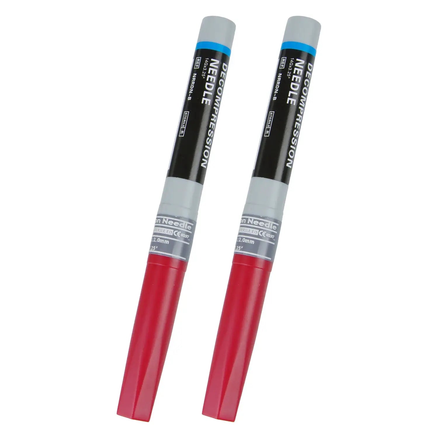 Two red-handled decompression needles with gray caps and black labels reading Decompression Needle