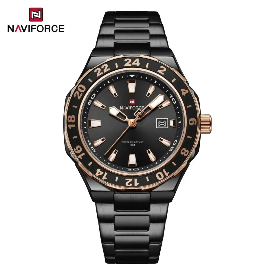 Naviforce men's luxury sport watch with black stainless steel band, rose-gold bezel, luminous hands, and date window
