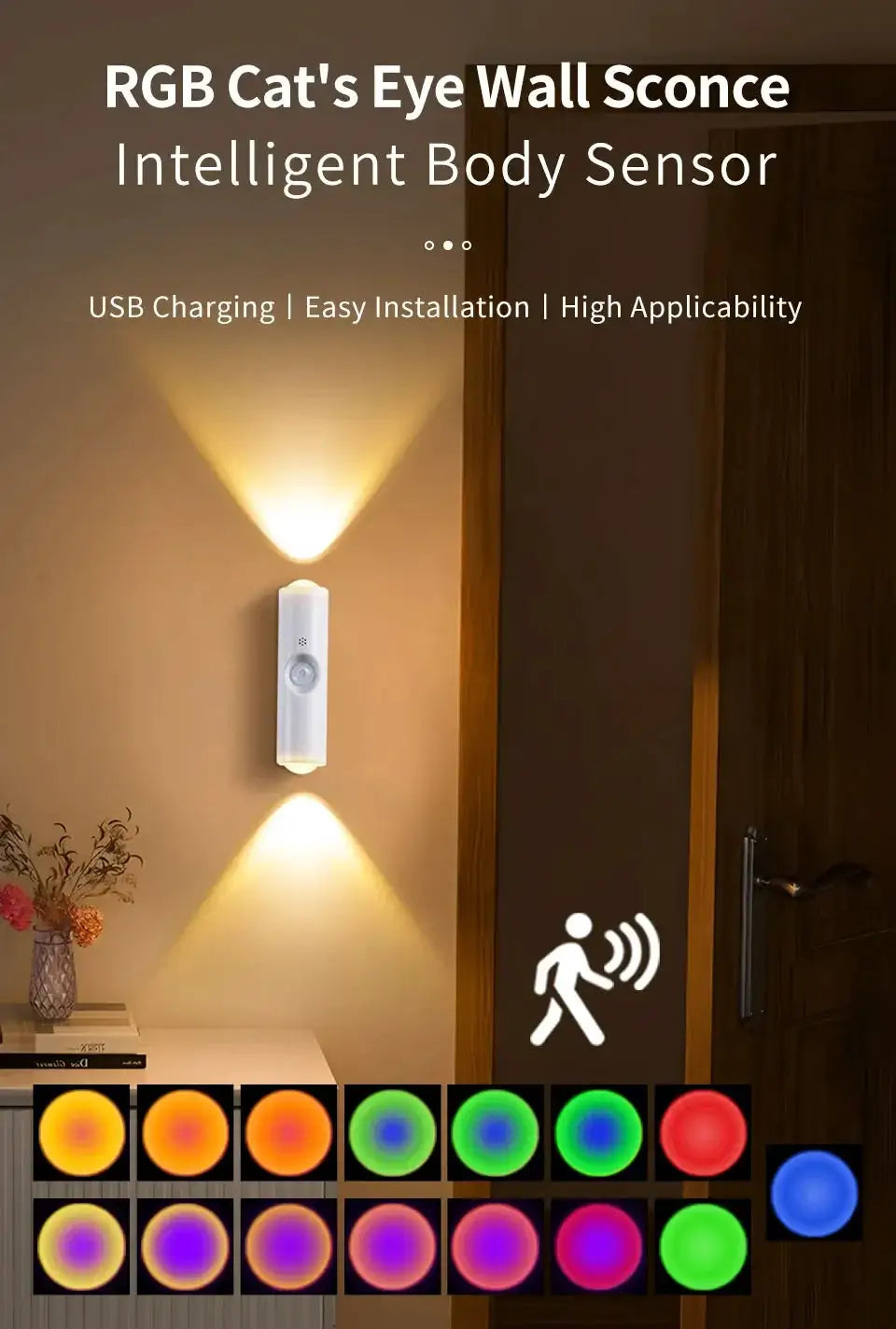 Smart RGB gradient wall light by Simples Market with motion sensor and USB rechargeable, white finish