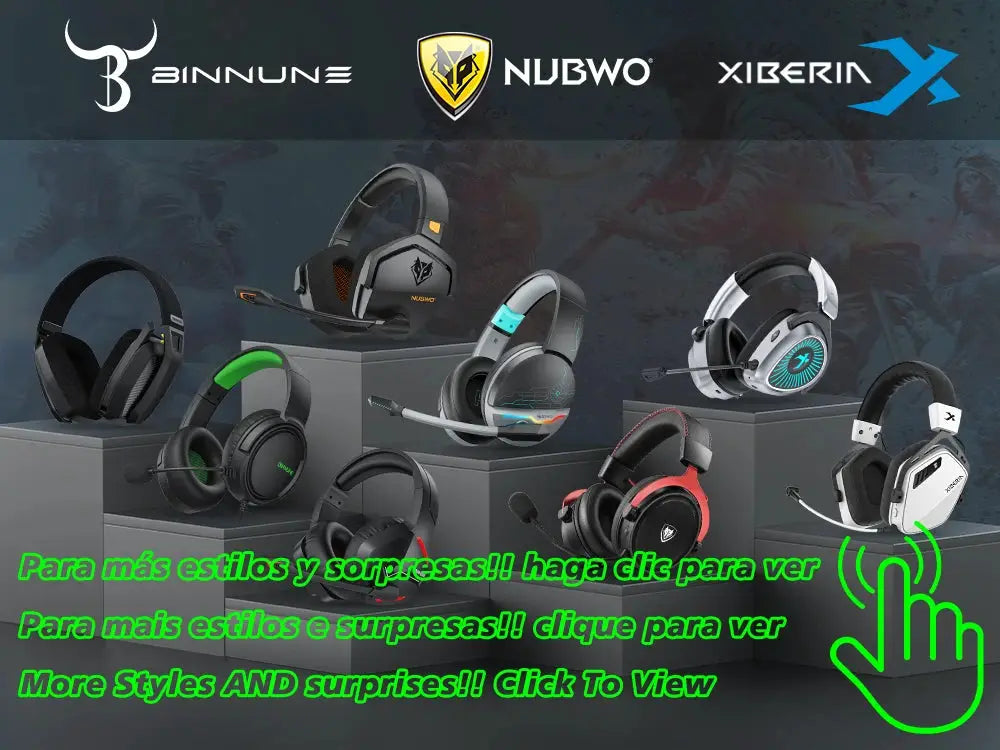 Gaming headsets on display featuring BINNUNE, NUBWO, and XIBERIN brands in black, white and red.