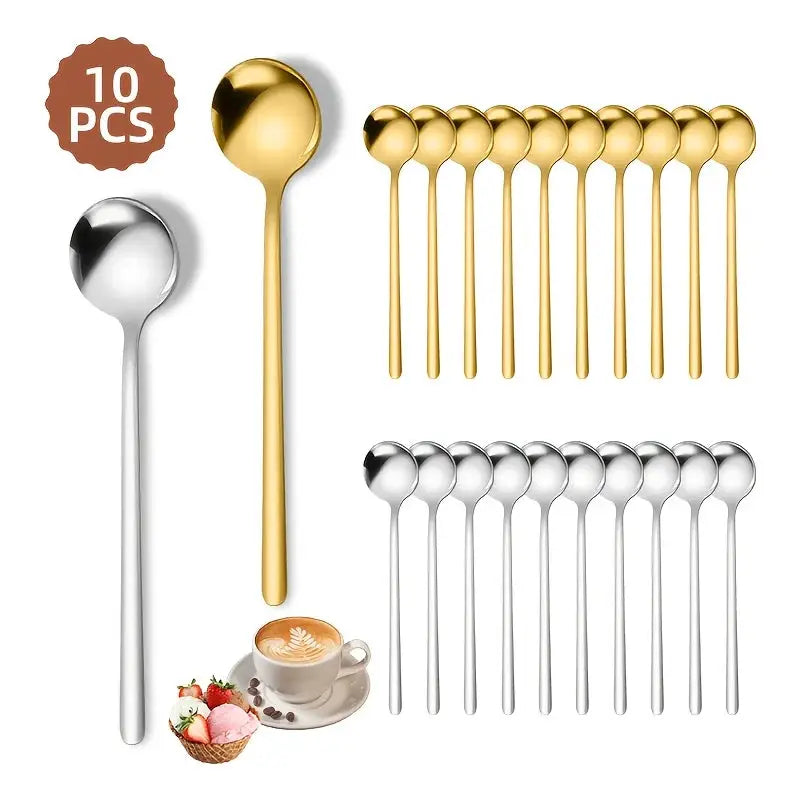 10 Piece Stainless Steel Spoon Set For Coffee Dessert Teaspoons And Seasoning Spoons Ideal For Home Cafe Party Kitchen