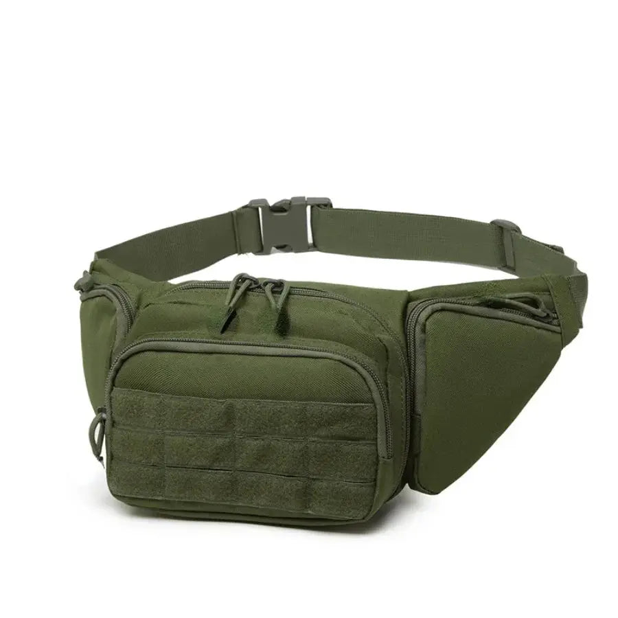 Simples Market tactical waist bag in olive green with two zip pockets and adjustable strap for outdoor use