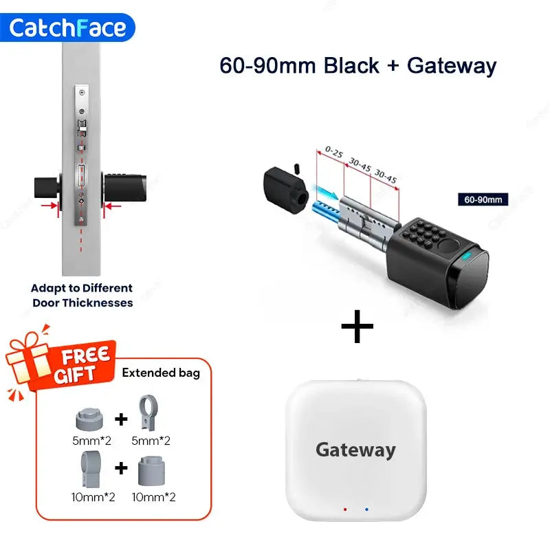 Smart door lock cylinder 60-90mm black with keypad and fingerprint, CatchFace gateway included