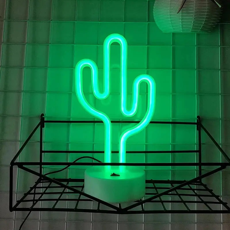 Cactus neon sign lamp, green LED on white circular base, battery and USB powered