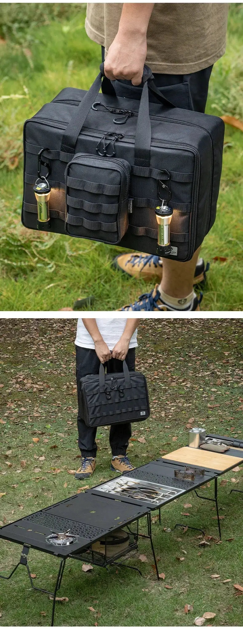 Simples Market CAMPINGMOON BK-46 large black storage bag with MOLLE straps, front pouches, and bottle holders