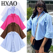 HXAO women's oversized cropped shirts; 5 colors: white, blue stripe, pink, brown, light blue with long sleeves