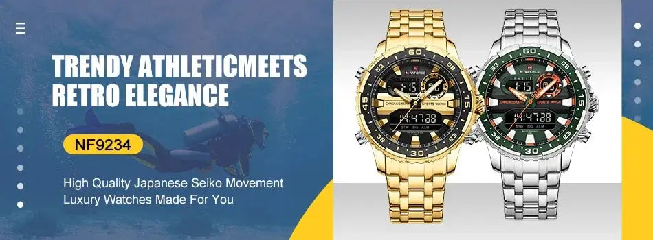 Naviforce men's military watches, gold and silver duo, luxury quartz chronograph, 3ATM waterproof