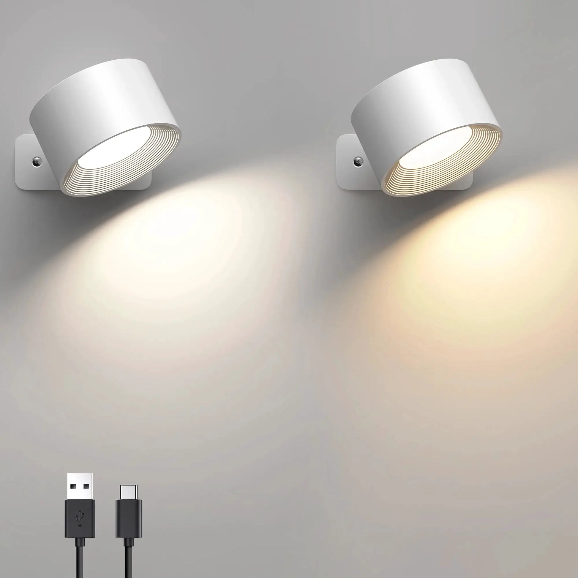 Simples Market LED wall lamp, white cylindrical fixture with 360° rotation and 2000mAh rechargeable battery, 2-pack
