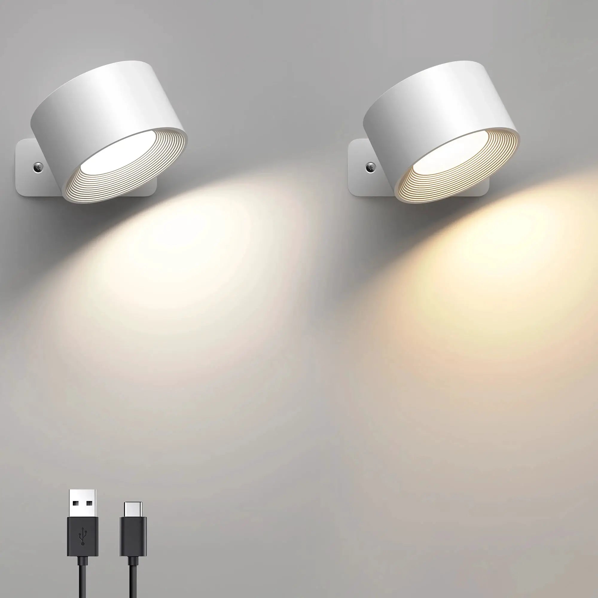 Simples Market LED wall lamp, white cylindrical fixture with 360° rotation and 2000mAh rechargeable battery, 2-pack