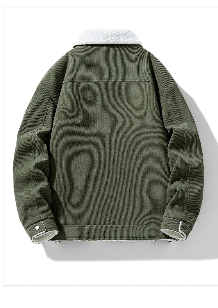 Men's olive green corduroy jacket with sherpa collar and cuffs, thick winter coat
